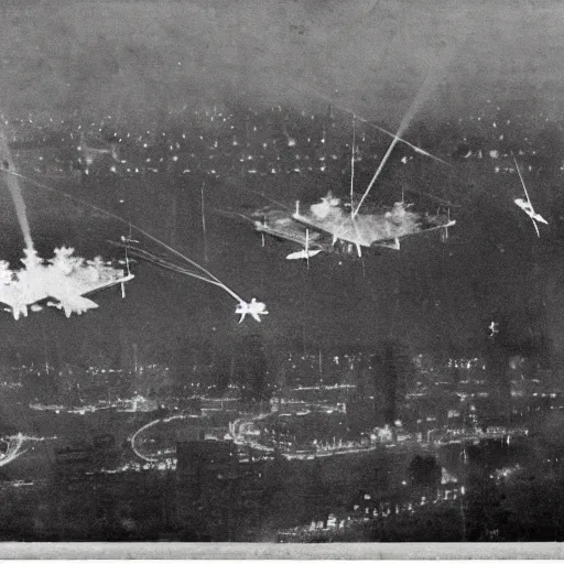 Image similar to grainy 1800s photo of flying machines engaged in an aerial battle over a city