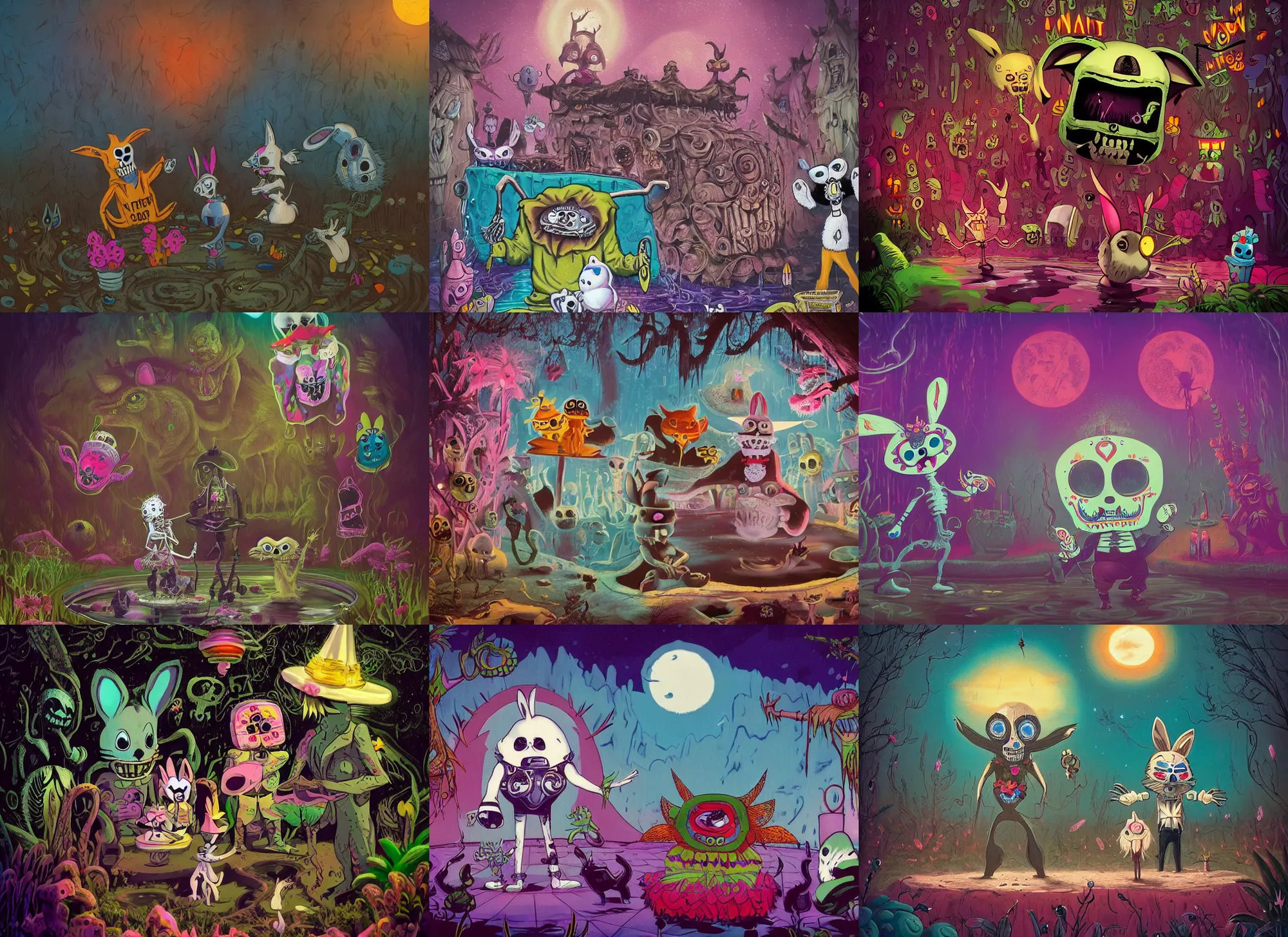Prompt: an evil alien stalks a cute fluffy bunny wearing a dia de los muertos costume, and his friend the coyote that gleefully dance in a pool of water. dark dance photography, intricate detailed 8 k environment, gary baseman, preston blair, tex avery, dan mumford, pedro correa, high times magazine aesthetic