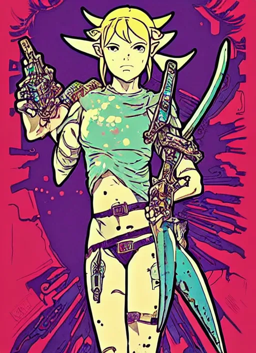 Image similar to biopunk fierce diety!! link from zelda!! portrait illustration, pop art, splash painting, art by geof darrow, ashley wood, alphonse mucha, makoto shinkai