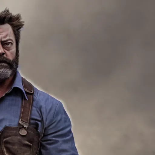 Image similar to logan wolverine with 3 claws released from his wrist as nick offerman, photorealistic mervel movie still, detailed, 8 k, digital art