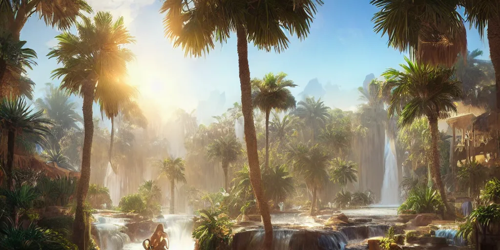 Image similar to beautiful oasis waterfalls surrounded by palm trees moroccan tile archways, date trees, ivory towers sunset peter morbacher ross tran angelarium greg rutkowski alchemy luxury heavenly light soft illumination, trending on artstation cinematic lighting digital painting octane render, artgerm