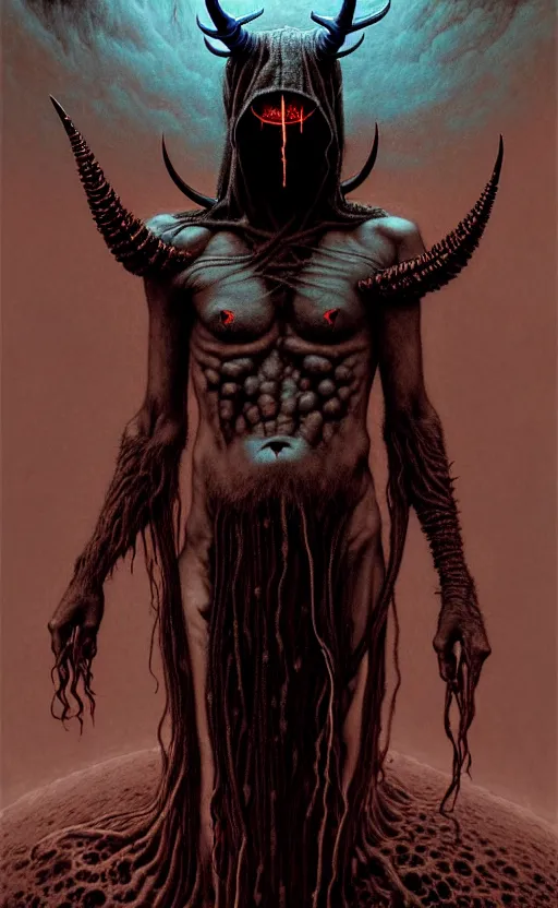 Image similar to a striking full body portrait of a pitch black masked eldritch shaman with jagged black horns by moebius and beksinski and artgerm, detailed artwork, realism, 4 k resolution, detailed, high quality, sharp focus, hq artwork, insane detail, volumetric lighting, character concept art, fine details, tarot card, clear subject