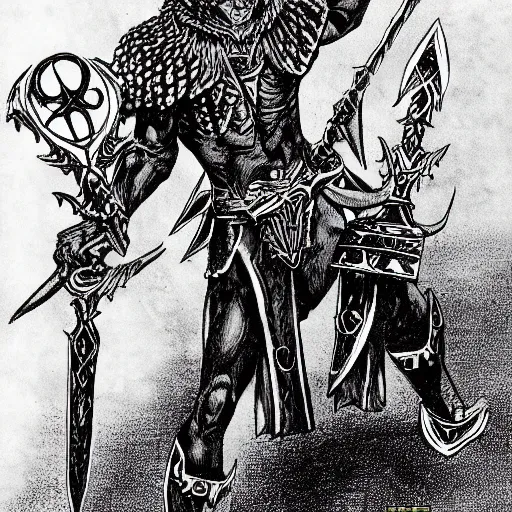 Image similar to character art of xenvas xerulas, dark elf pale master and commander of the bone legion. dnd character art in the style of michael william kaluta and wayne reynolds.