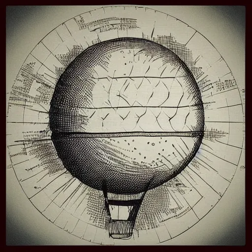 Prompt: “an old technical drawing of a hot air balloon between clouds, the balloon fabric is made of a round spherical world map of the earth. sepia. The basket is woven of wood.”