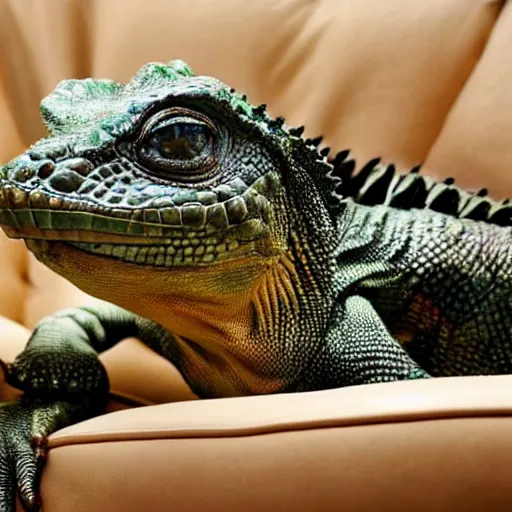 Prompt: humanoid reptile sitting on a couch, National Geographic photo, coherent like Dall-E 2