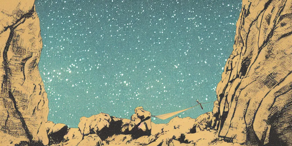 Prompt: a hammock under the stars next to an impossible rock formation, 1940s faded risograph print, illustration, limited color palette, earthtones, double-exposure, astrophotography