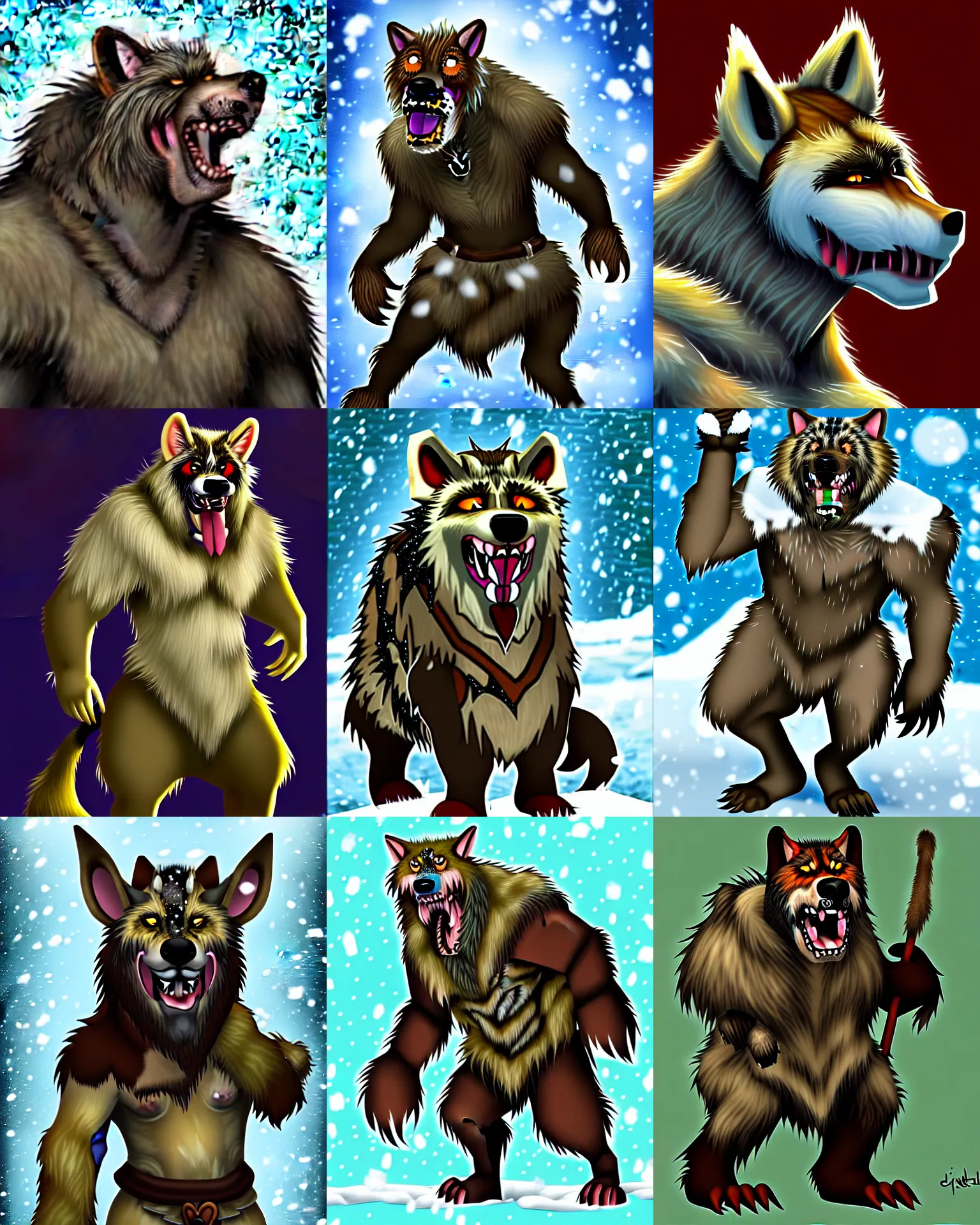 Prompt: fantasy digital art of a good ol'gnoll boy with snow - white spots covering his fur.