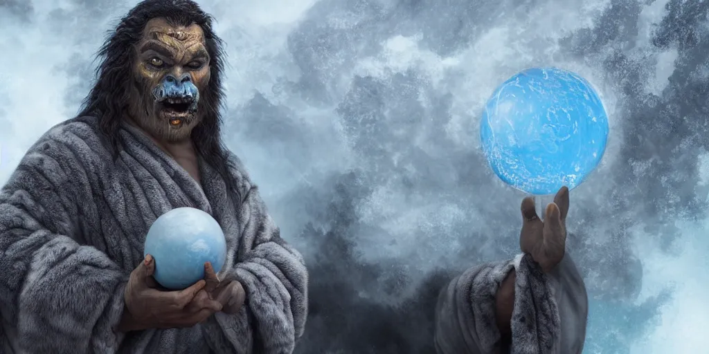 Image similar to Highly detailed portrait of a half-orc druid, wearing a long grey fur robe and holding a sphere of magical blue water 4k, soft focus