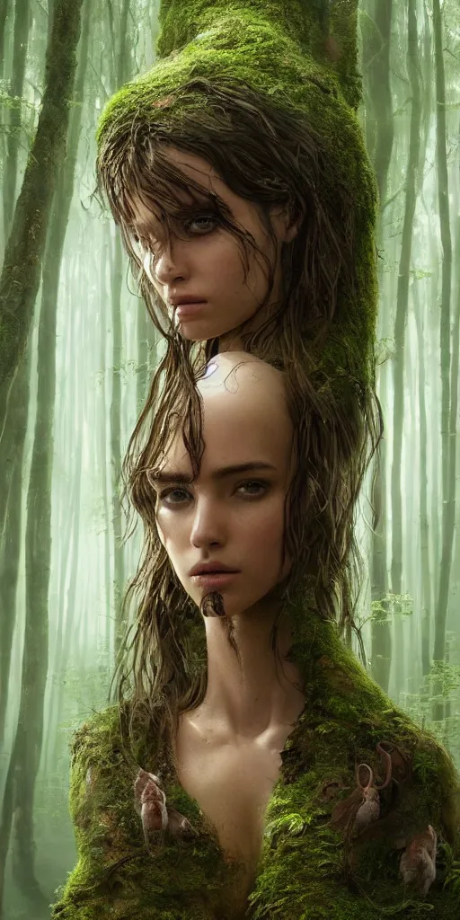 Image similar to a cyborg forest nymph in an ancient forest, ana de armas, flawless symmetrical pretty cute face, greg rutkowski, 8 k, shallow depth of field, intricate detail, concept art,