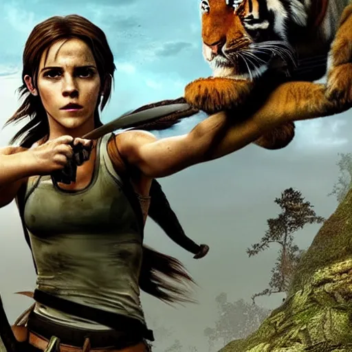 Prompt: Emma Watson as Lara croft tomb raider riding a tiger on an upcoming movie cover, cinematic lighting