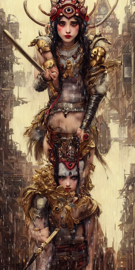 Image similar to hyper realistic Princess Mononoke attacking evil spirit with a golden sword, ornate mask, wet market street, rainy atmosphere, cyberpunk metropolis, city landscape, jewels, full body pose, full moon, style of tom bagshaw, mucha, james gurney, norman rockwell, denoised, sharp