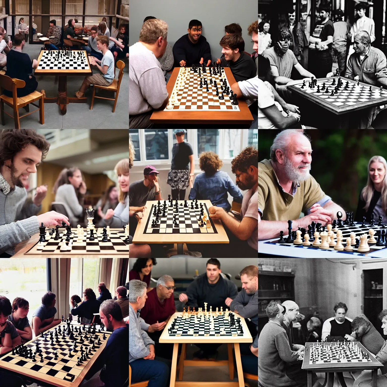 Prompt: Giant sitting at a table, playing chess, surrounded by people