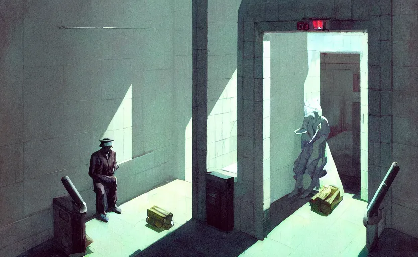 Prompt: Inside a dark big prison with white cells, very coherent, painted by Edward Hopper, Wayne Barlowe, painted by James Gilleard, airbrush, art by JamesJean