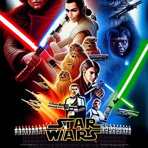 Image similar to super detailed star wars movie poster with Jesus Christ and kim kardashian, 8k full HD photo, cinematic lighting, anatomically correct, oscar award winning, action filled, correct eye placement,