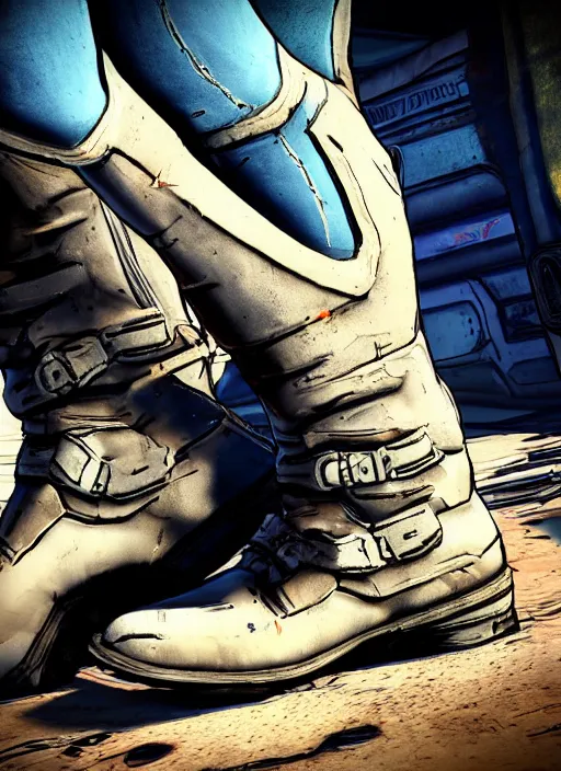 Image similar to a pair of techno boots!! in the borderlands 3 style, close - up, cinematic shot, intricate, ornate