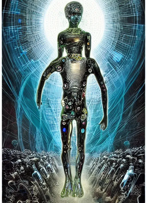 Image similar to a spiritually awakened cyborg wants to help humans free themselves from the chains of mental slavery and authoritarian politicians, surreal technological conceptual art magical cybernetic realism horror visions distopic and utopic art and the same time