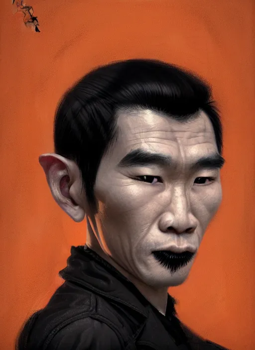 Image similar to portrait of a thai man with a crooked nose and a confident expression, 1 9 6 0 s, black clothes, goth, punk, brightly coloured hair, funk, intricate, elegant, highly detailed, digital painting, artstation, concept art, smooth, sharp focus, illustration, art by wlop, mars ravelo and greg rutkowski