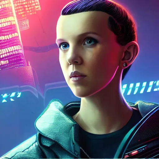 Prompt: Millie Bobby Brown in Cyberpunk 2077 by RossDraws