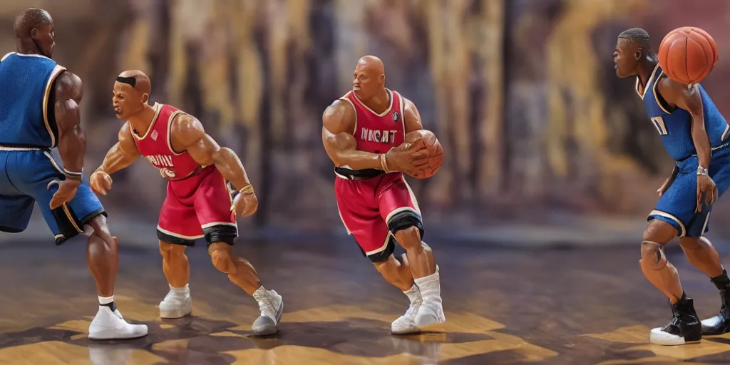 Image similar to wax figurines of Dwayne Johnson and Kevin Hart playing basketball