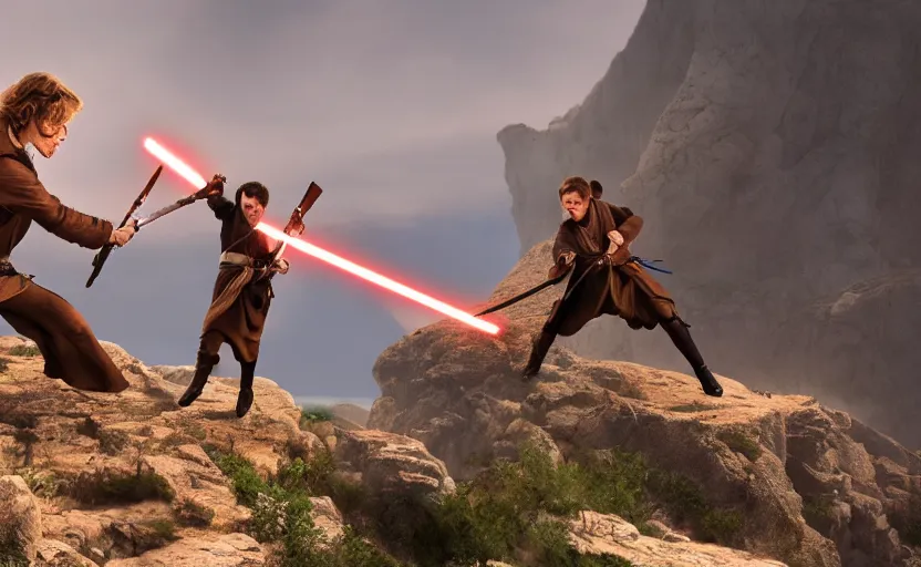 Image similar to anakin skywalker and obi wan kenobi engaging in an epic duel on a cliffside, epic, fantasy artwork, intense, cinematic, raytracing, dynamic lighting, 4 k