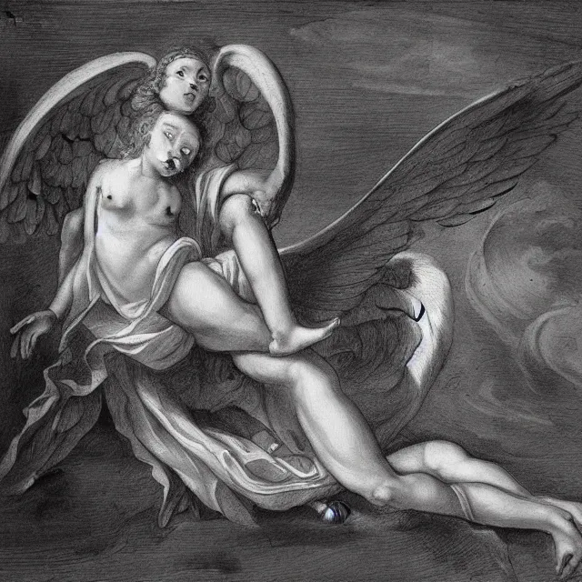 Prompt: autopsy of an angel, 18th century drawing, black and white, concept art