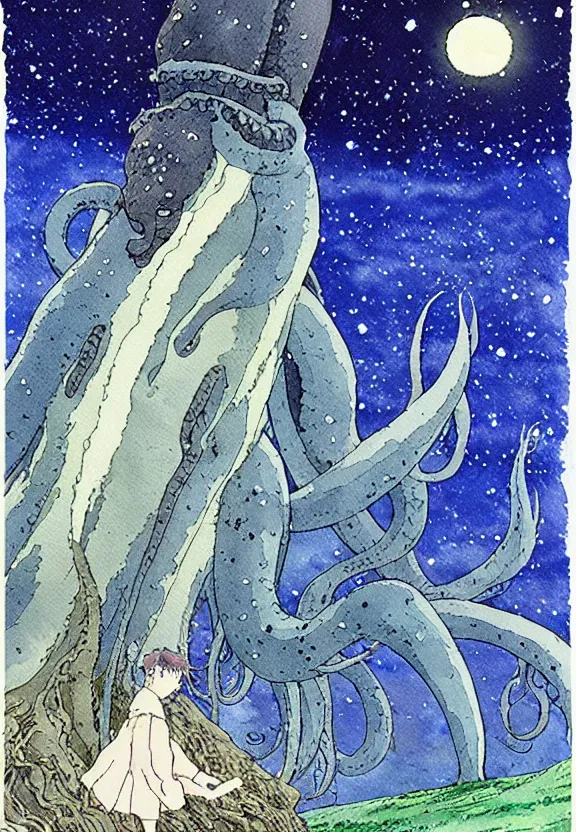 Image similar to a simple watercolor studio ghibli movie still fantasy concept art of a giant squid from princess mononoke ( 1 9 9 7 ) in stonehenge. it is a misty starry night. by rebecca guay, michael kaluta, charles vess