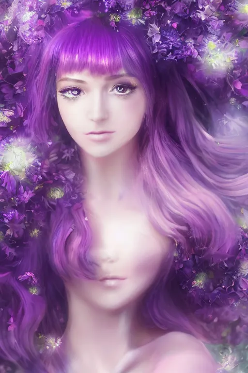 Prompt: 4k detailed portrait of a beautiful intimate woman with long purple cosmic hair and a beautiful celestial dress made of flowers, by viktoria gavrilenko. Anime, volumetric lighting, trending on artstation