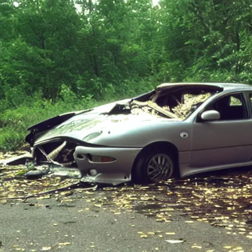 Prompt: a photo of a 1 9 9 8 jaguar s - type crashed.