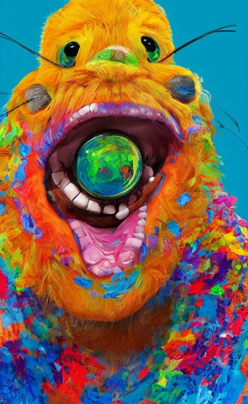 Image similar to a bright and colorful detailed photorealistic painting of a funny looking character. the character is making a silly face and the background is filled with happy looking animals. high quality. photorealistic. hq. hd. 4 k. award winning. trending on artstation