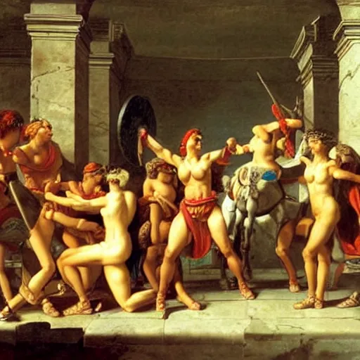 Image similar to muscular warrior women, spartan warrior women, clashing in gladiatorial arena, roman coliseum, roman emperor watching, art by jacques - louis david