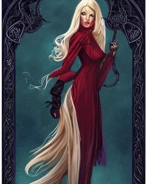 Prompt: tarot, art nouveau border, beautiful wicked female occultist, sweeping ombre blonde hair, red eyes, black velvet dress, dark colors, magic Amulet, raven, fantasy painting, trending in Artstation, GSociety, by Charlie Bowater, Brom, Bastien Lecouffe-Deharme