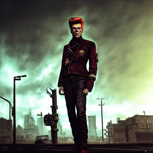 Image similar to fallout 5, charismatic david bowie, portrait, outdoors ruined cityscape, atmospheric lighting, painted, intricate, volumetric lighting, beautiful, daytime, sunny weather, slight overcast, sharp focus, deep colours, ultra detailed, by leesha hannigan, ross tran, thierry doizon, kai carpenter, ignacio fernandez rios