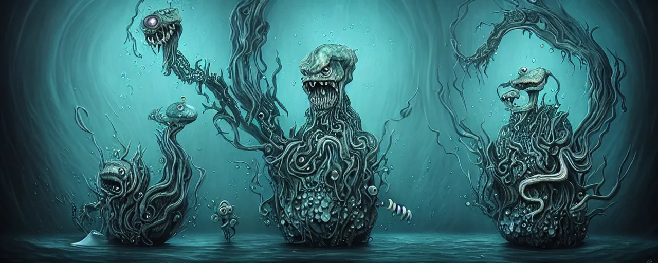 Image similar to whimsical watery alchemical monsters, surreal dark uncanny painting by ronny khalil