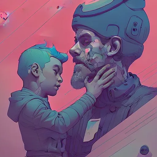 Image similar to illustration, a Love of a father and son, post grunge concept art by josan gonzales and wlop, highly detailed, intricate, sharp focus, Trending on Artstation HQ, deviantart