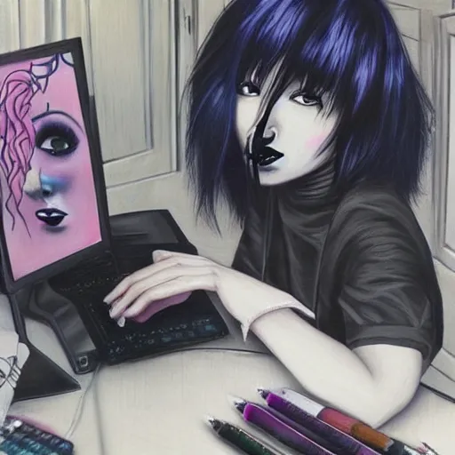 Image similar to goth guy sitting at computer in cluttered room, by harumi hironaka, aesthetic!!!, detailed, realistic, hyper realism, small details, goth aesthetic,