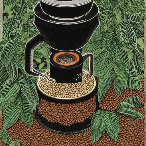 Image similar to Japanese illustration of an Italian coffee maker, surrounded by coffee seeds and plants in a beautiful environment, extreme detail