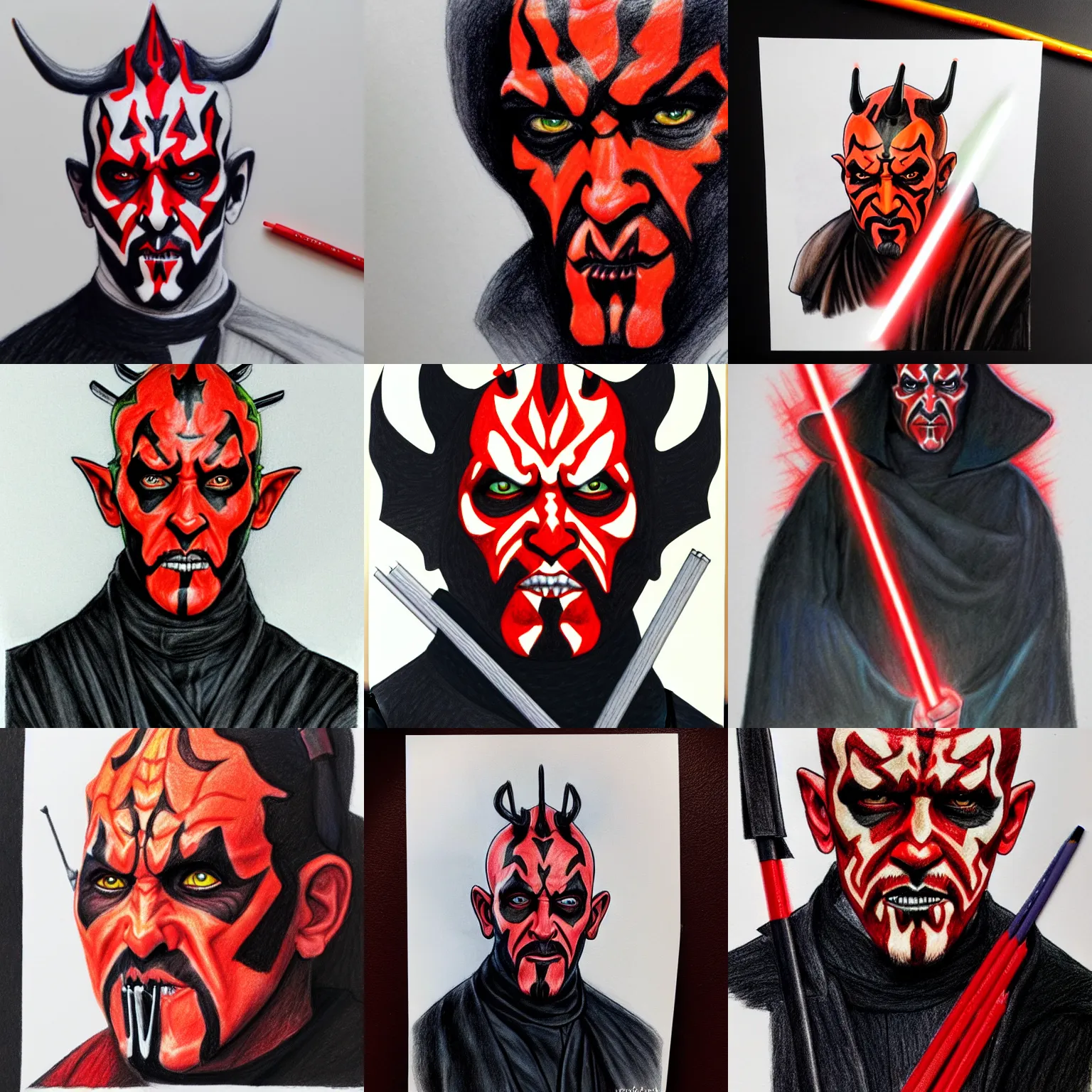 Prompt: a color pencil drawing of Darth maul, white background