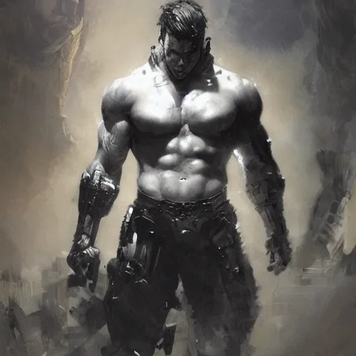 Image similar to muscular male cyborg, muscle, painting by gaston bussiere, craig mullins, greg rutkowski, yoji shinkawa