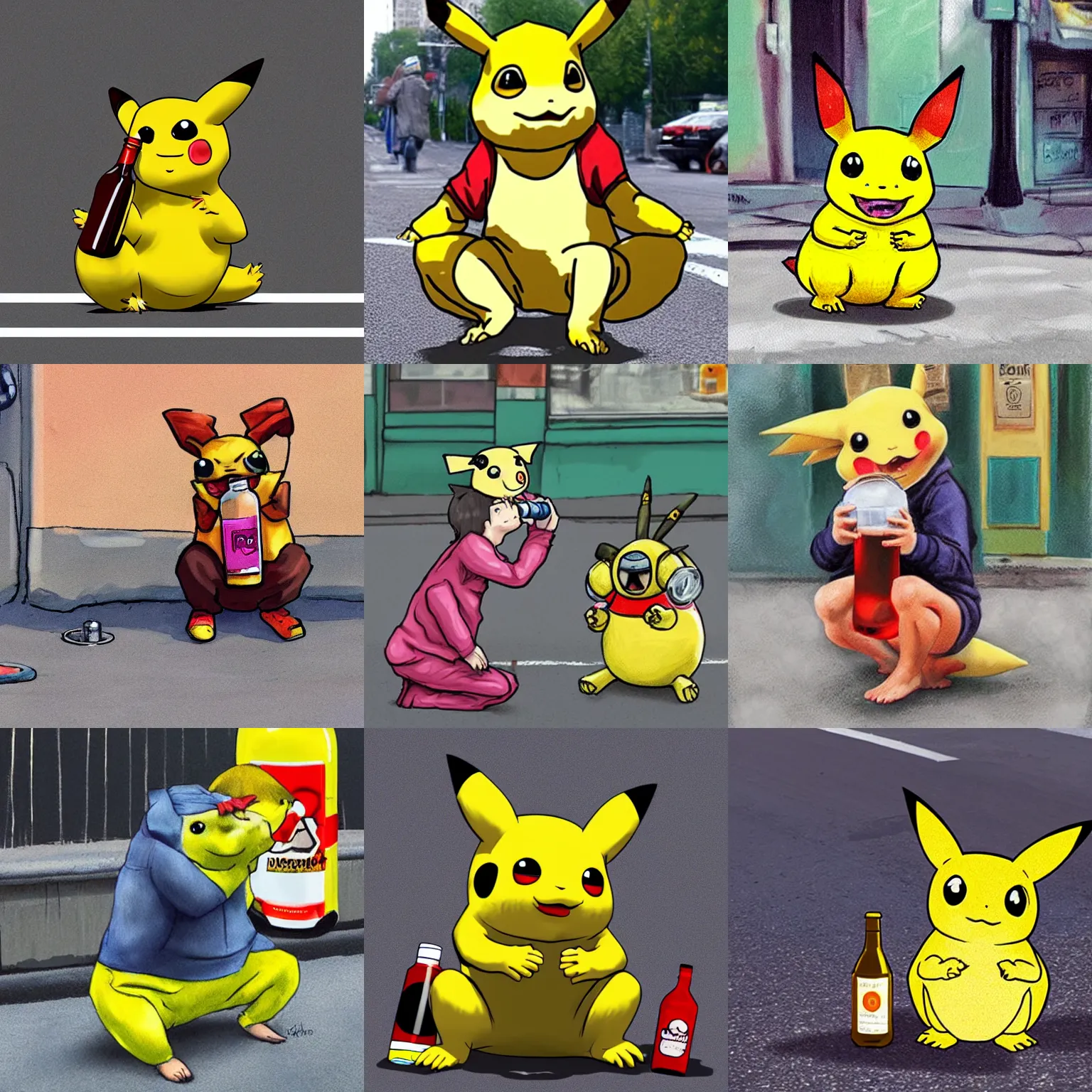 Prompt: pickachu as an alcoholic squatting on a street corner drinking from a bottle, hyper realistic