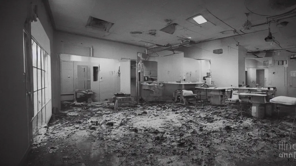 Image similar to 1986 photograph of interior view of a filthy, disused surgical room in a cursed hospital, night, illuminated by flashlight only, unsanitary, dirty, contaminated, liminal, 35mm photo, Fujifilm. Highly detailed, photographic, realistic, dramatic, cinematic