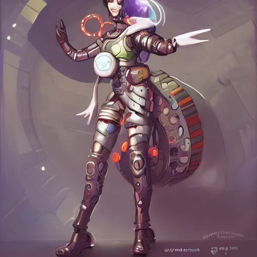 Image similar to cybernetic artificer, cute heroine, magic the gathering art, in the style of peter mohrbacher and keith thompson