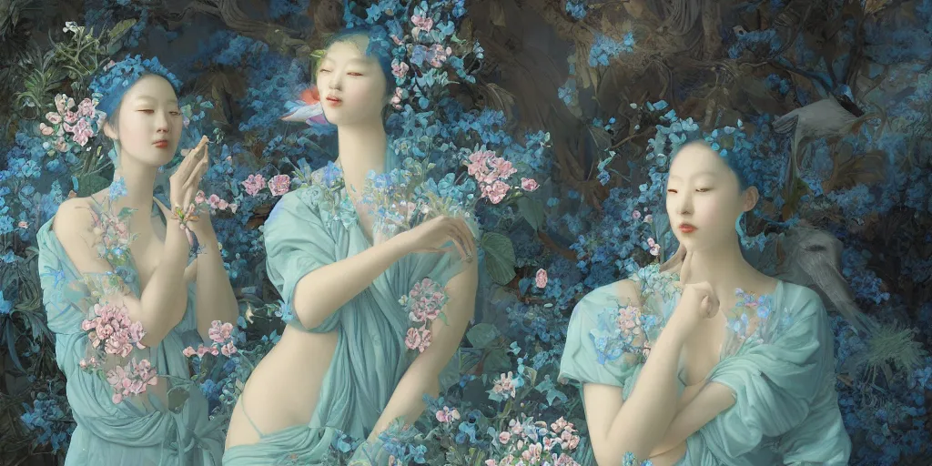 Prompt: breathtaking detailed concept art painting pattern of two goddess of light blue flowers by hsiao - ron cheng with anxious piercing eyes and flowers and fruits and birds by beto val and john james audubon, bizarre compositions, exquisite detail, extremely moody lighting, 8 k