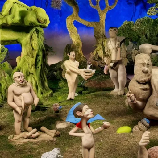 Image similar to a claymation film still of a collection of stone / animism / ethnographic museum / claymation by jeff koons