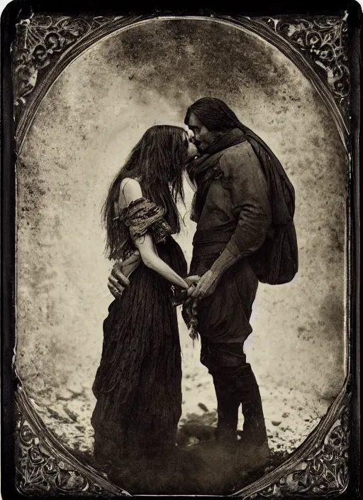 Image similar to old wetplate daguerreotype judas kiss of betrayal, fractal, intricate, elegant, highly detailed, parallax, leica, medium format, subsurface scattering, by jheronimus bosch and greg rutkowski and louis jacques mande daguerre