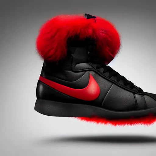 Image similar to nike model shoe made of very fluffy red and black faux fur placed on reflective surface, spiderman colors professional advertising, overhead lighting, heavy detail, realistic by nate vanhook, mark miner