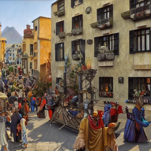 Prompt: a painting of a cubist village with a parade, open windows, chandelier, pillars of marble, waterfalls, fantasy art by JohannesVoss, Donato Giancola, Aleksi Briclot, Eric Deschamps, trending on artstation