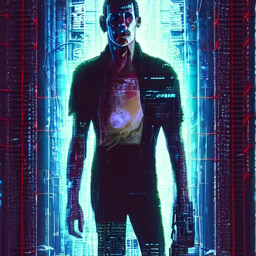 Image similar to Corto from the novel Neuromancer, washed up ex soldier, portrait shot, wires, cyberpunk, movie illustration, poster art by Drew Struzan