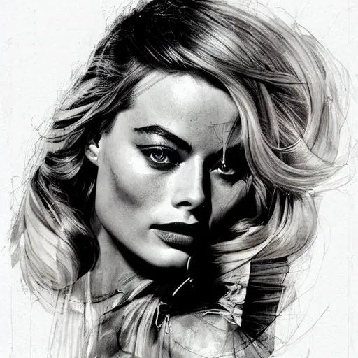 Image similar to double exposure tattoo design sketch of beautiful margot robbie in the shape of beautiful mountains, in the style of matteo pasqualin, amazing detail