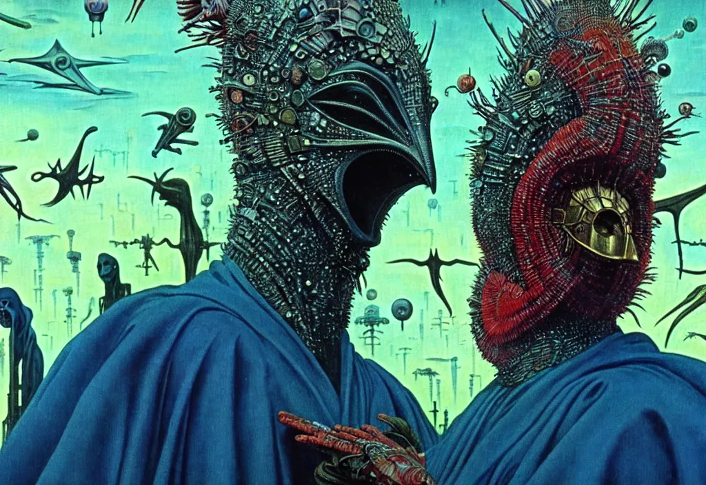 Prompt: realistic detailed portrait movie still of a birdman wearing dark robes, sci fi city landscape background by denis villeneuve, amano, yves tanguy, alphonse mucha, ernst haeckel, max ernst, roger dean, david lynch, masterpiece, rich moody colours, blue eyes, snarling dog teeth