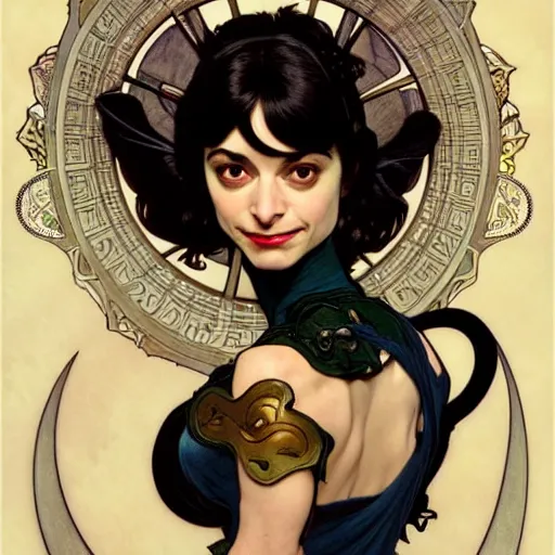 Image similar to kate micucci as catwoman, fantasy, d & d, intricate, detailed, by by alphonse mucha, adolfo hohenstein, alice russell glenny, stanley artgerm lau, greg rutkowski, detailed, trending on artstation, trending on artstation, smooth